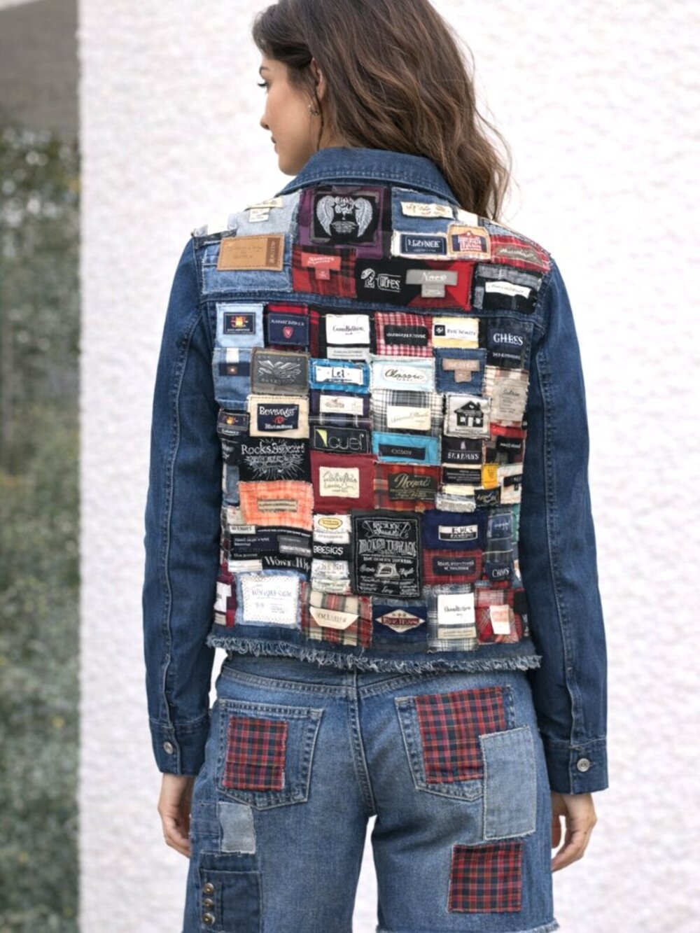 Upcycled Labels Jean Jacket Cropped Shirt Coat Sewn-On Clothing Labels Sz S - M